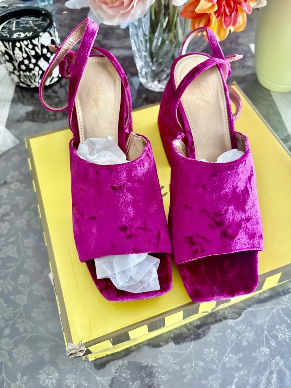 Circus NY Crushed Velvet Platform Wedge Sandals in Magenta 8